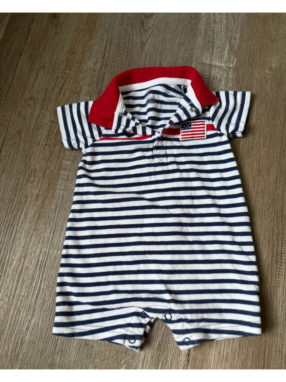 VTG Carters Navy White Striped Polo American Flag USA Onesie Outfit 6-9 Months